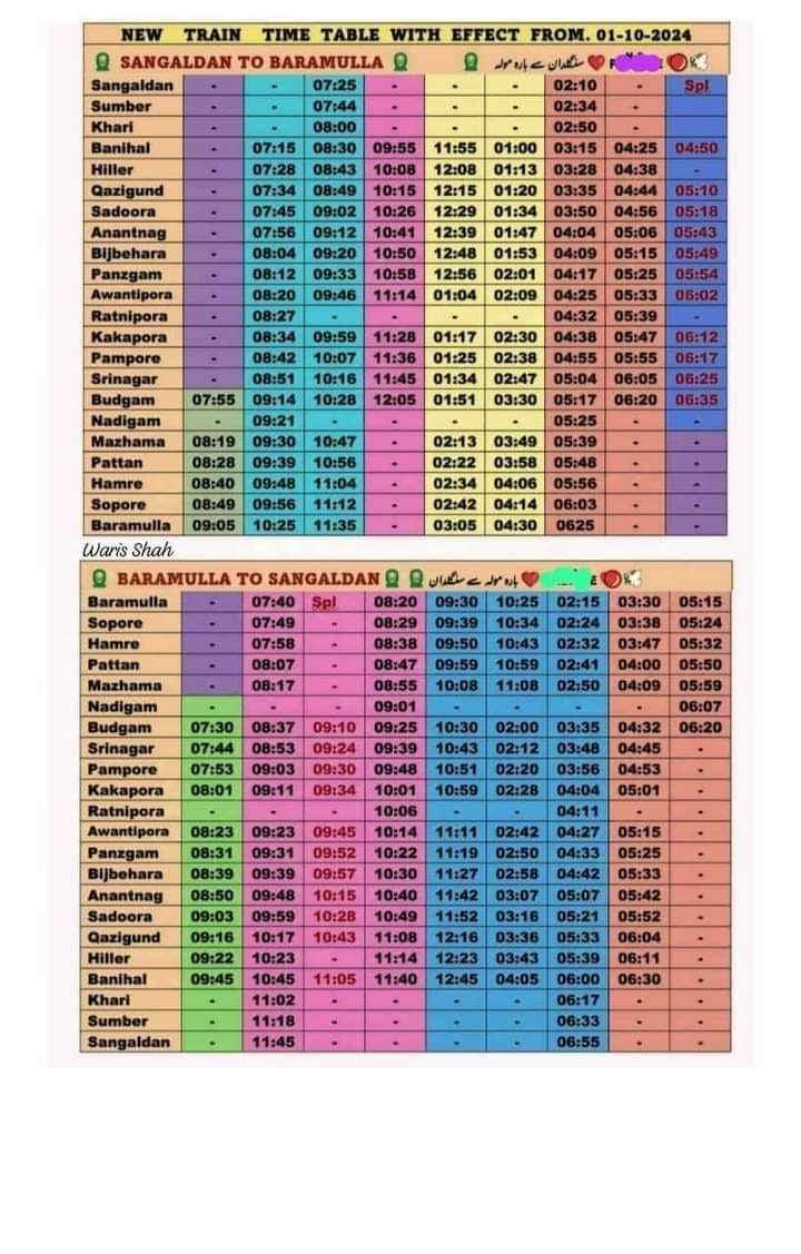 Train Timing Kashmir 2024 January February Kashmir Train Timetable