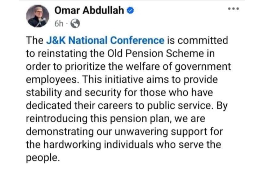 J&K National Conference Reinstates Old Pension Scheme